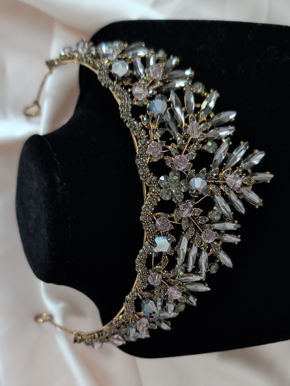 Crystal Floral Bridal Tiara in Gold with Clear and Light Pink Stones
